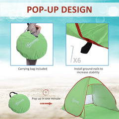 The beach shelter showing the carry bag and instructions for quick assembly and pegging