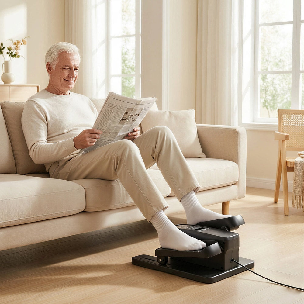Man sitting on a sofa reading a newspaper while using the under desk elliptical