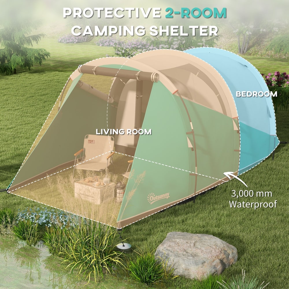 The tunnel tent with a transparent overlay highlighting the separate living room and bedroom areas