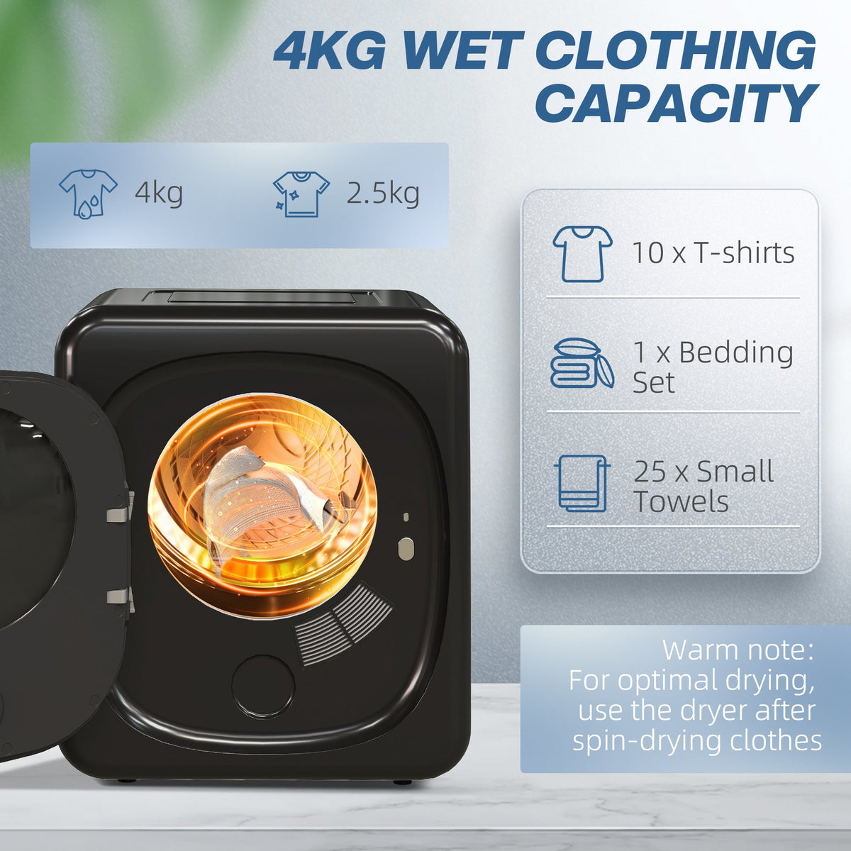 HOMCOM 4kg Vented Tumble Dryer with Deodorize, Smart Mode, 800W Compact Tumble Dryer with Stainless Steel Tub, Front Load