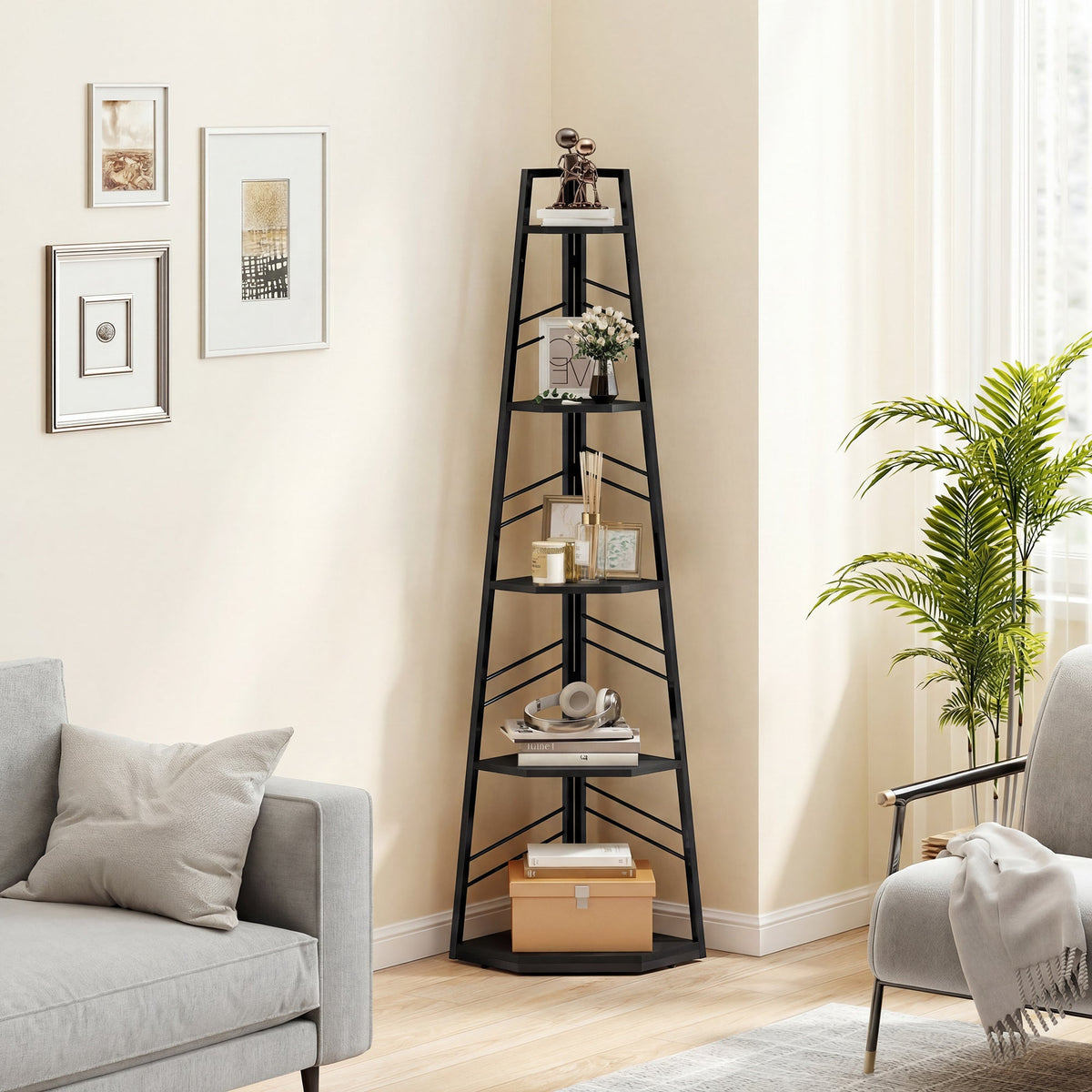 HOMCOM Corner Bookcase, 5-Tier Floor Standing Bookshelf, Shelving Unit for Living Room, Study, Bedroom, Black