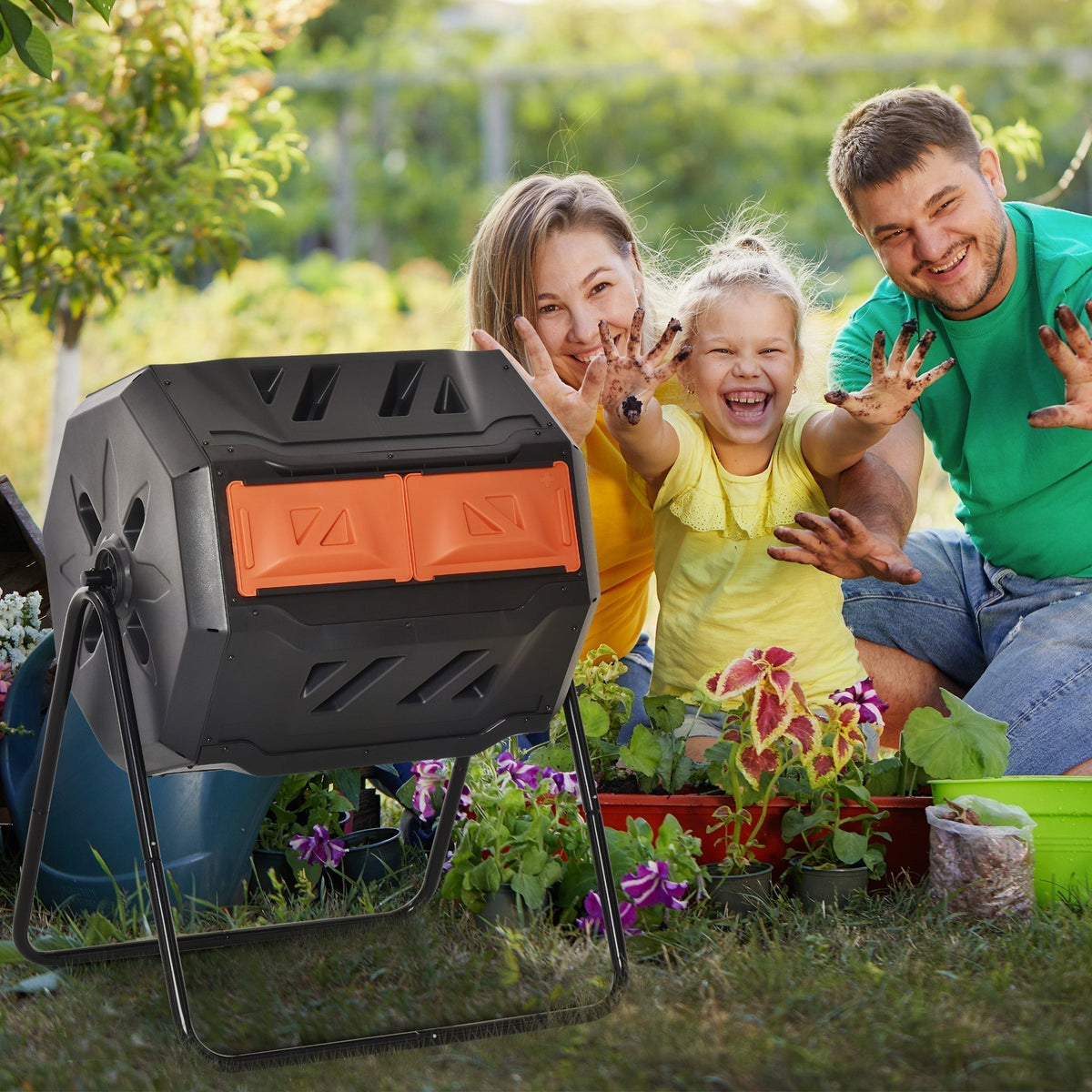 Outsunny 160L 360 Rotating Dual Chamber Composter - Orange