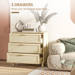HOMCOM Chest of Drawer and Nightstands, Boho Rattan Furniture Set, Nature Wood Finish