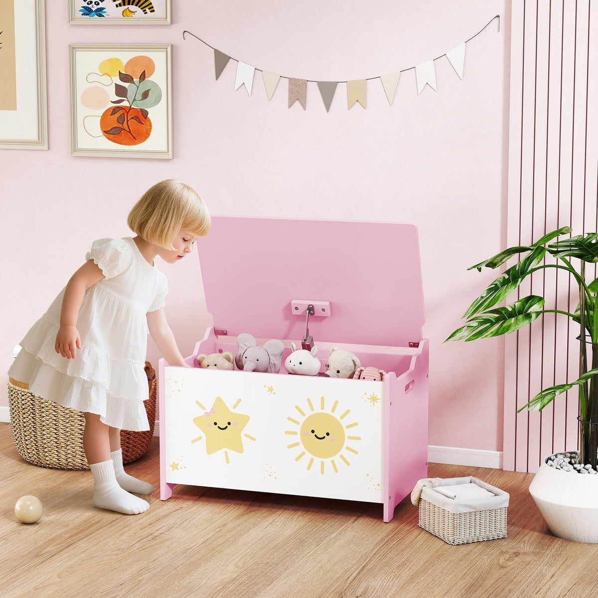 AIYAPLAY Toy Box with Lid, Safety Hinges and Groove Handles, Toy Storage organiser for Kids, Living Room, Playroom, Pink