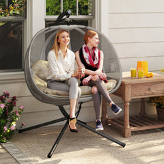 Outsunny Double Hanging Egg Chair 2 Seaters Texteline Swing Hammock Chair with Stand, Cushion and Folding Design, for Indoor