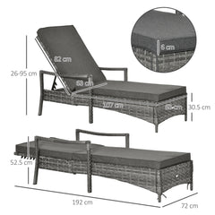 Outsunny Patio Rattan Sun Lounger, Dual Wicker Weave Outdoor Single Reclining Chair Furniture, 5-Level Adjustable Backrest w/ Removeable & Washable Cushion, Mixed Grey