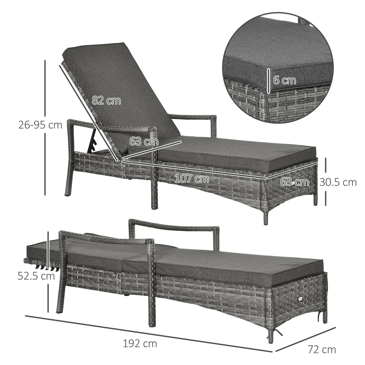 Outsunny Patio Rattan Sun Lounger, Dual Wicker Weave Outdoor Single Reclining Chair Furniture, 5-Level Adjustable Backrest w/ Removeable & Washable Cushion, Mixed Grey