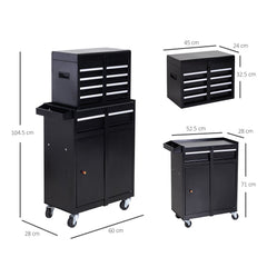 DURHAND Tool Chest 2 in 1 Metal Tool Cabinet Storage Box with 5 Drawers Pegboard Wheels 60x28x104.5cm Black - product image 3