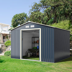 Outdoor Storage Shed 9.1x6.3 FT with Extension Kit & Sliding Door for Garden Backyard-Grey