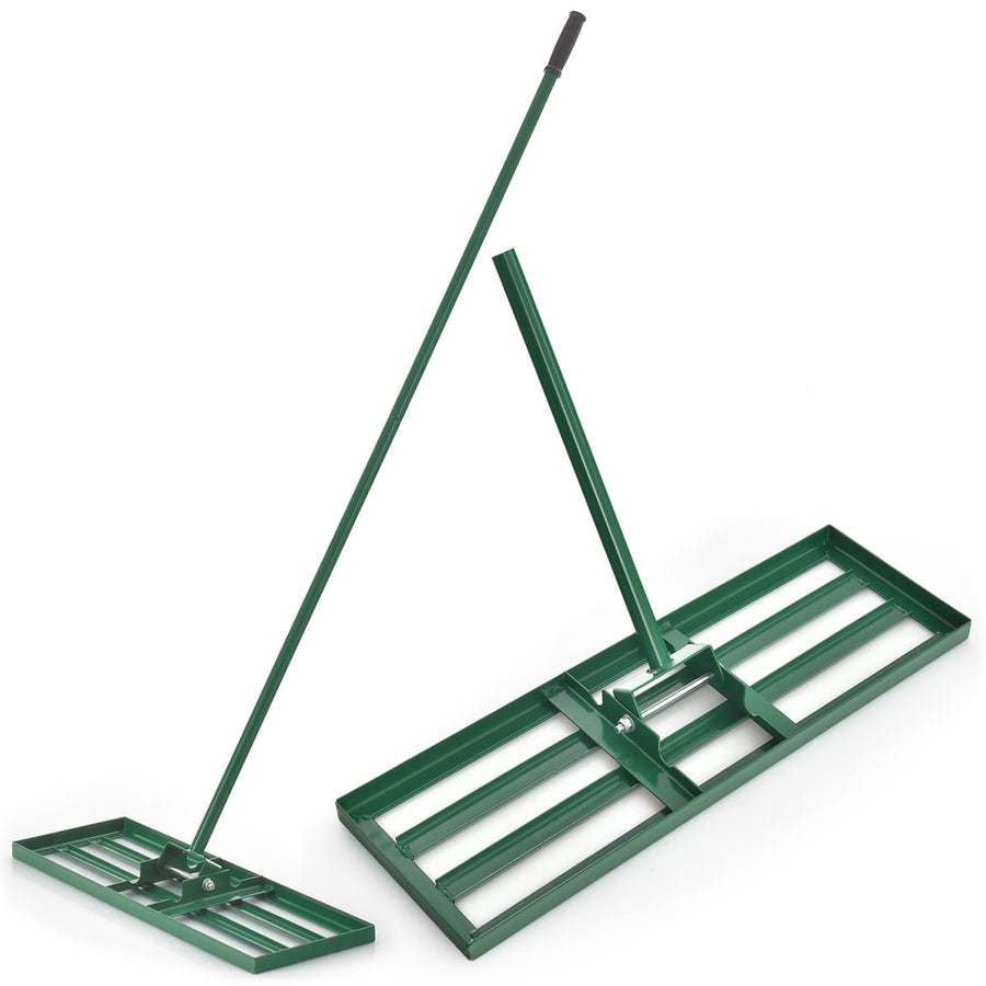 75/91/106 x 25cm Lawn Leveling Rak with Ergonomic Handle, a green metal rake with a long handle