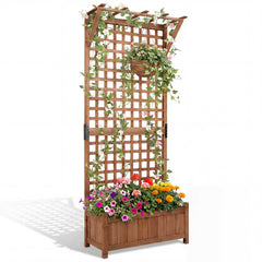 Wooden Raised Garden Bed with Hanging Roof and Trellis for Climbing Plants-Brown
