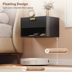 HOMCOM Set of 2 Wall Mounted Nightstands, Floating Bedside Tables with Fluted Drawer and Open Shelf for Small Bedroom, Black