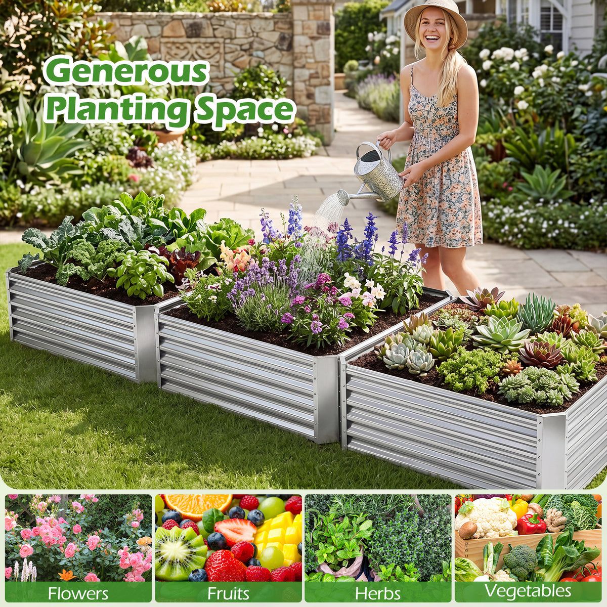 Galvanized Raised Garden Bed Rectangular Outdoor Planter Box with Open-Ended Bade-Silver
