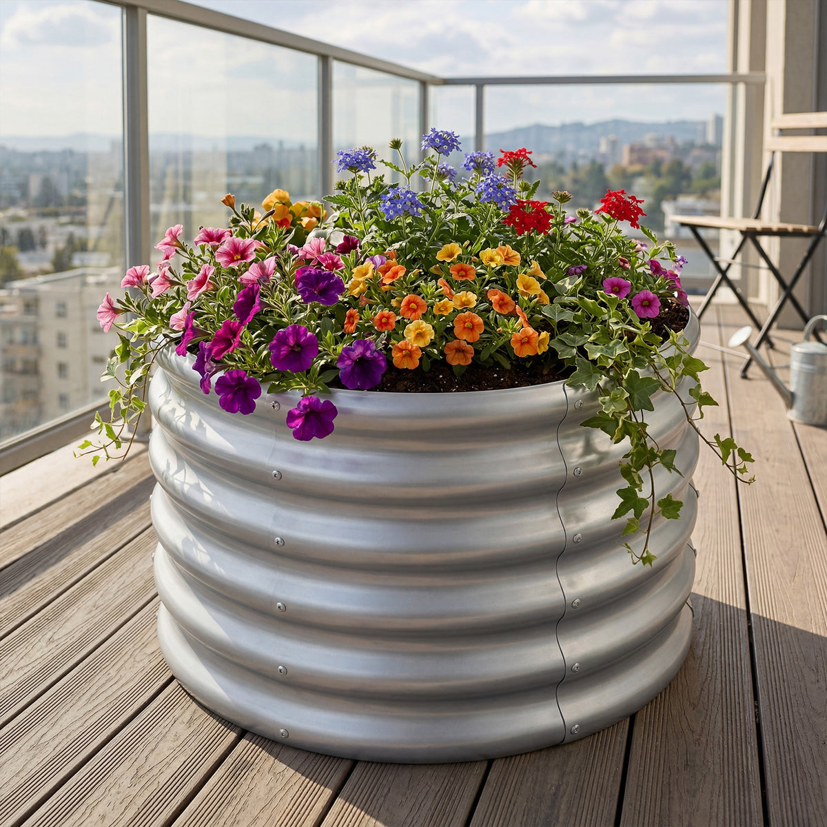 Galvanized Raised Garden Bed Round Outdoor Planter Box with Open-Ended Base-Silver