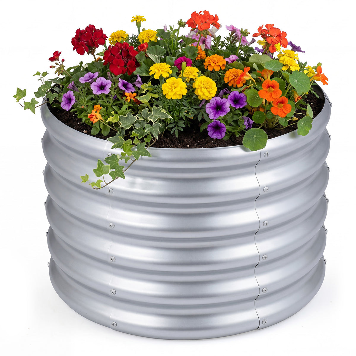 Galvanized Raised Garden Bed Round Outdoor Planter Box with Open-Ended Base-Silver