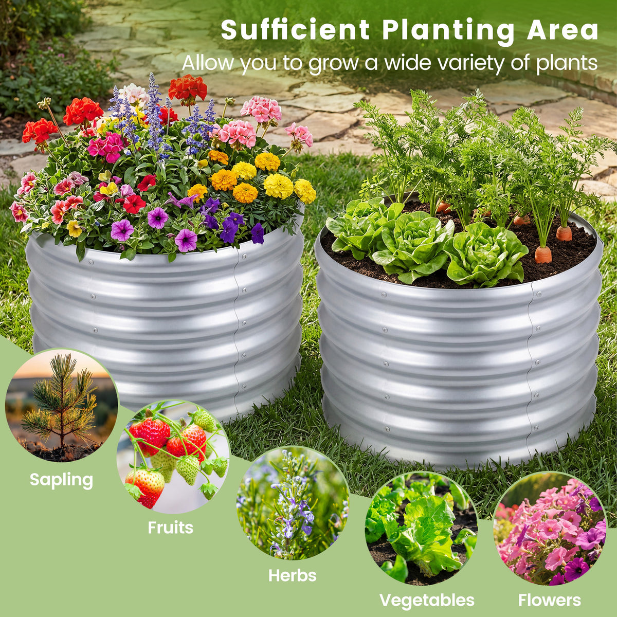 Galvanized Raised Garden Bed Round Outdoor Planter Box with Open-Ended Base-Silver
