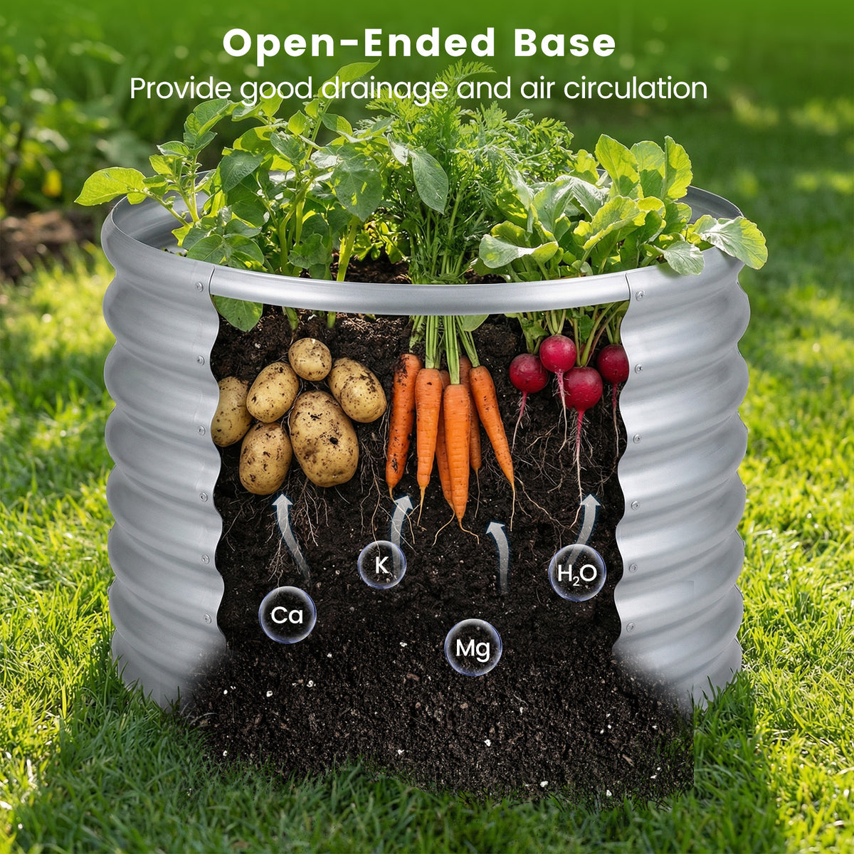 Galvanized Raised Garden Bed Round Outdoor Planter Box with Open-Ended Base-Silver