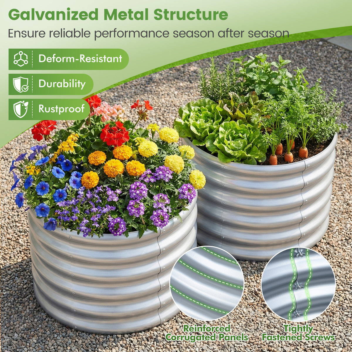 Galvanized Raised Garden Bed Round Outdoor Planter Box with Open-Ended Base-Silver
