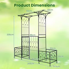 Garden Arbor with Gate and Planter Boxes 206cm Heavy Duty Metal Arch