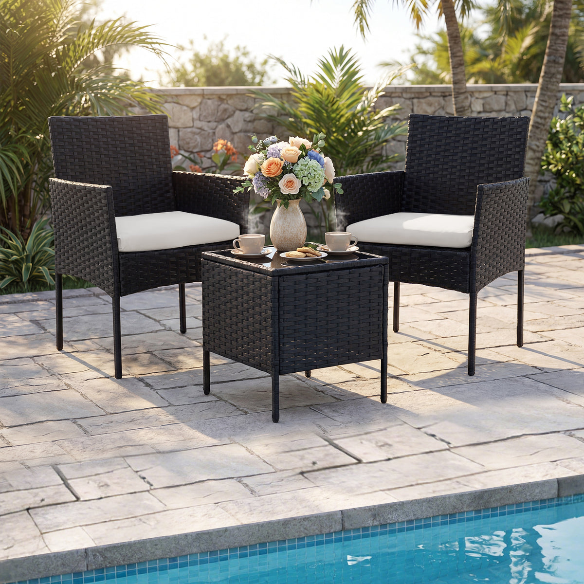 Garden Furniture Set 3-piece Rattan Balcony Furniture Set with 2 Cushioned Chairs-Beige