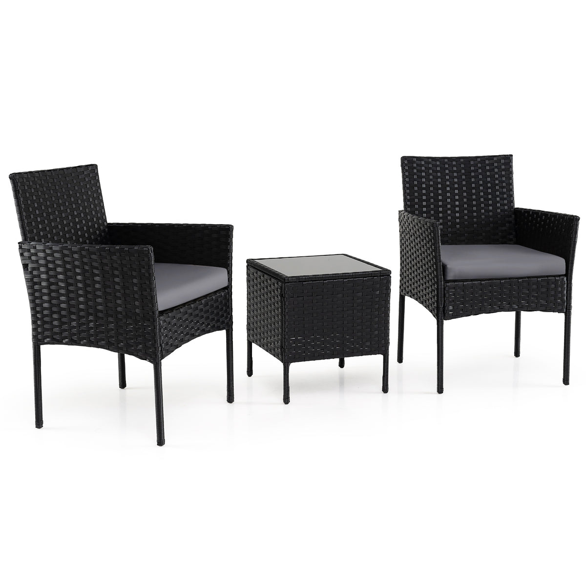 Garden Furniture Set 3-piece Rattan Balcony Furniture Set with 2 Cushioned Chairs-Grey