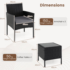Garden Furniture Set 3-piece Rattan Balcony Furniture Set with 2 Cushioned Chairs-Grey