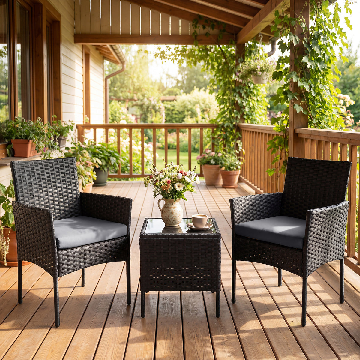 Garden Furniture Set 3-piece Rattan Balcony Furniture Set with 2 Cushioned Chairs-Grey