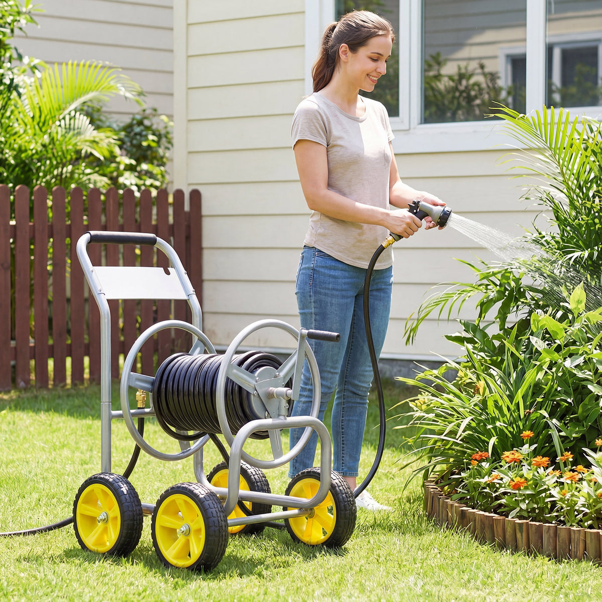 Garden Hose Reel Cart 4 Wheels 100 m of 16 mm Large Capacity-Silver