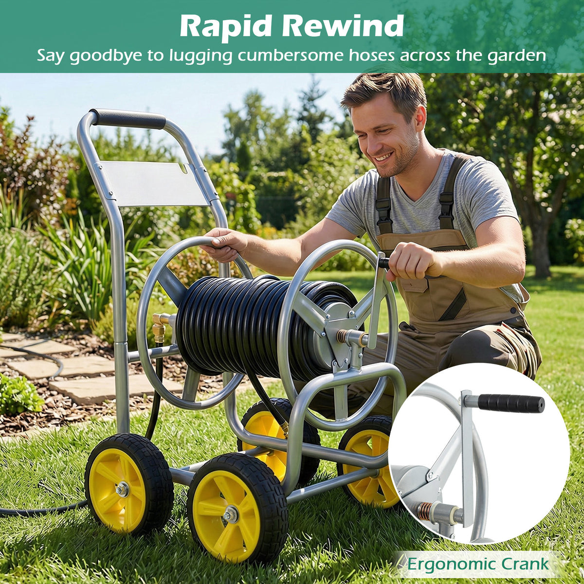 Garden Hose Reel Cart 4 Wheels 100 m of 16 mm Large Capacity-Silver