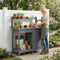 Garden Potting Bench with Stainless Steel Top and Lockable Cabinet for Yard-Grey