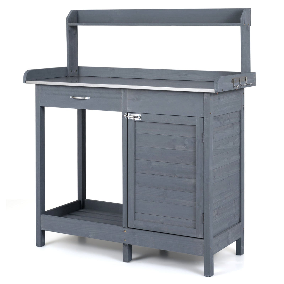 Garden Potting Bench with Stainless Steel Top and Lockable Cabinet for Yard-Grey