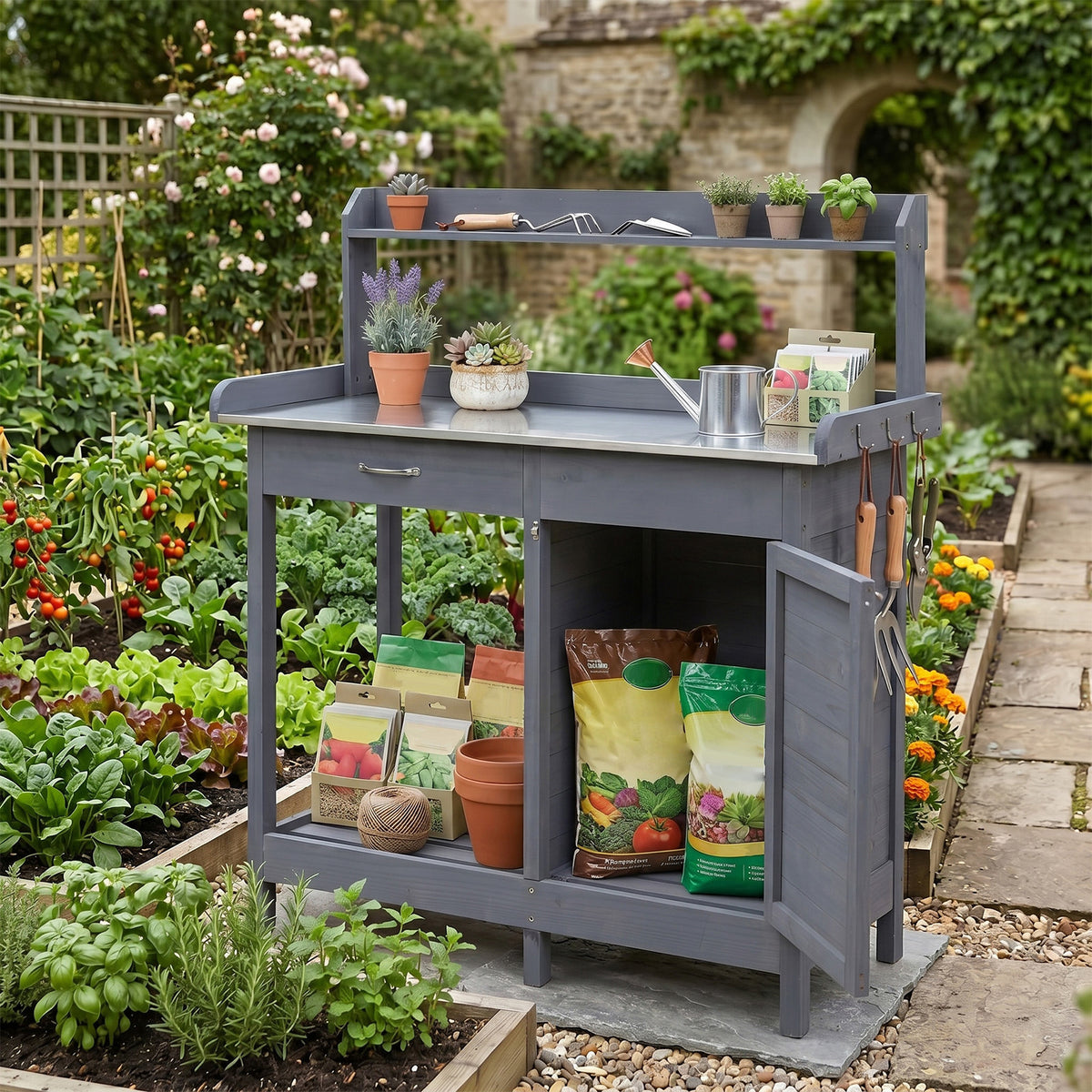 Garden Potting Bench with Stainless Steel Top and Lockable Cabinet for Yard-Grey