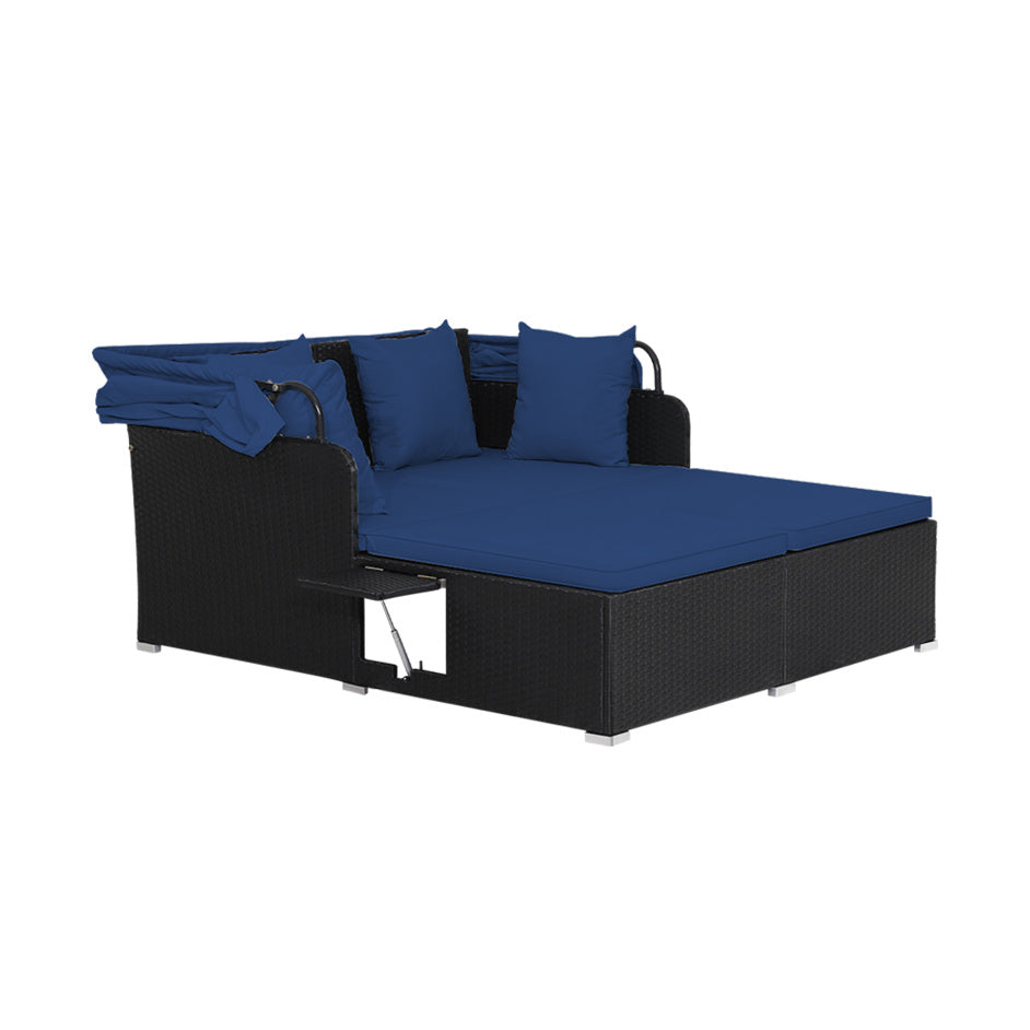 Garden Rattan Daybed with Retractable Canopy and Cushions-Navy