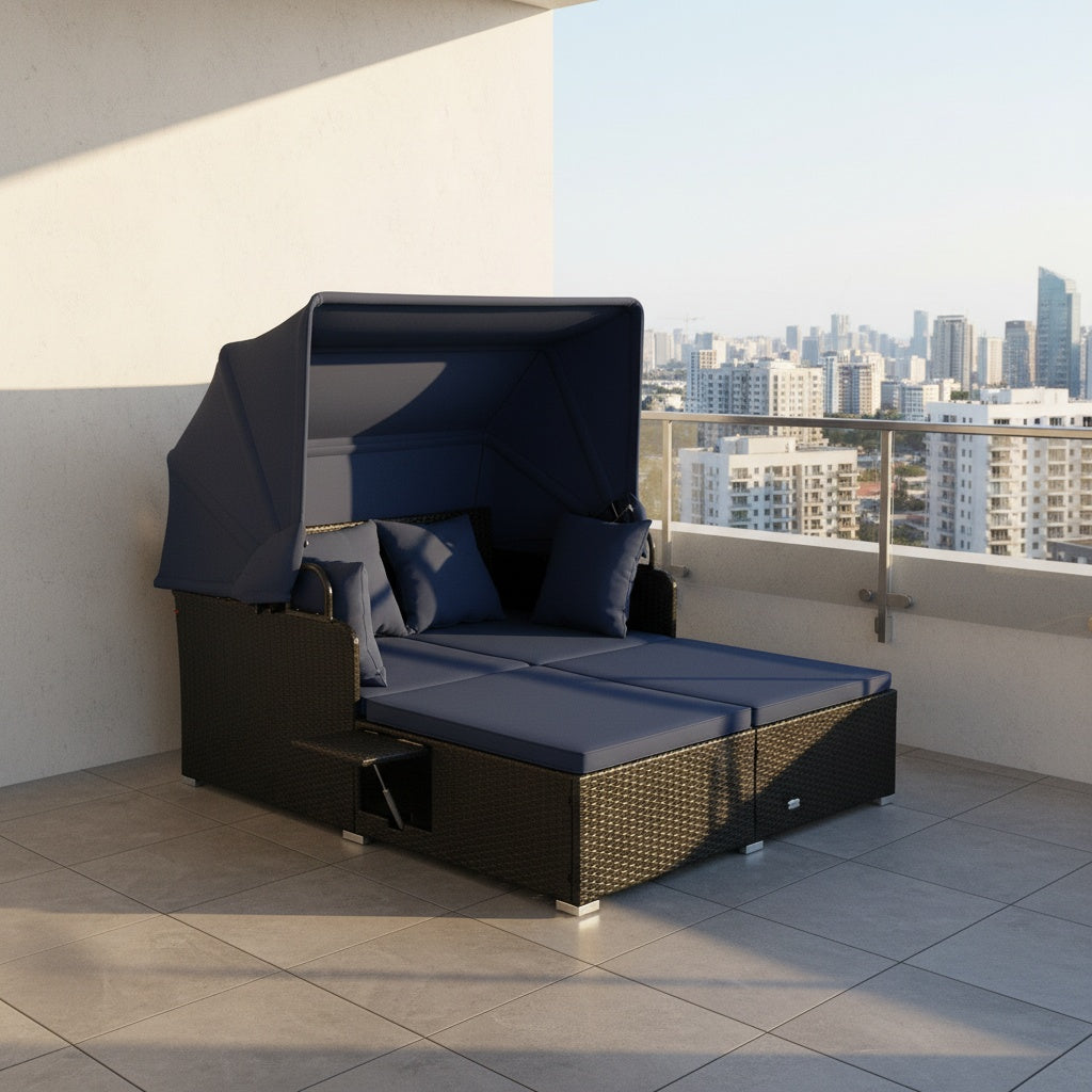 Garden Rattan Daybed with Retractable Canopy and Cushions-Navy