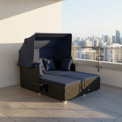Garden Rattan Daybed with Retractable Canopy and Cushions-Navy