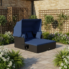 Garden Rattan Daybed with Retractable Canopy and Cushions-Navy