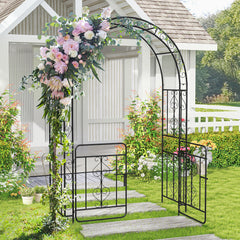 Garden Arbor with Gate and Multiple Side Crossbars for Decoration-Black