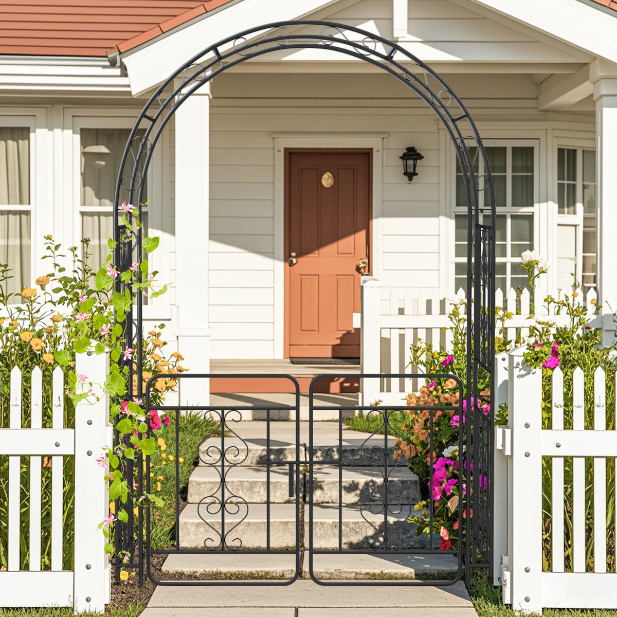 Garden Arbor with Gate and Multiple Side Crossbars for Decoration-Black