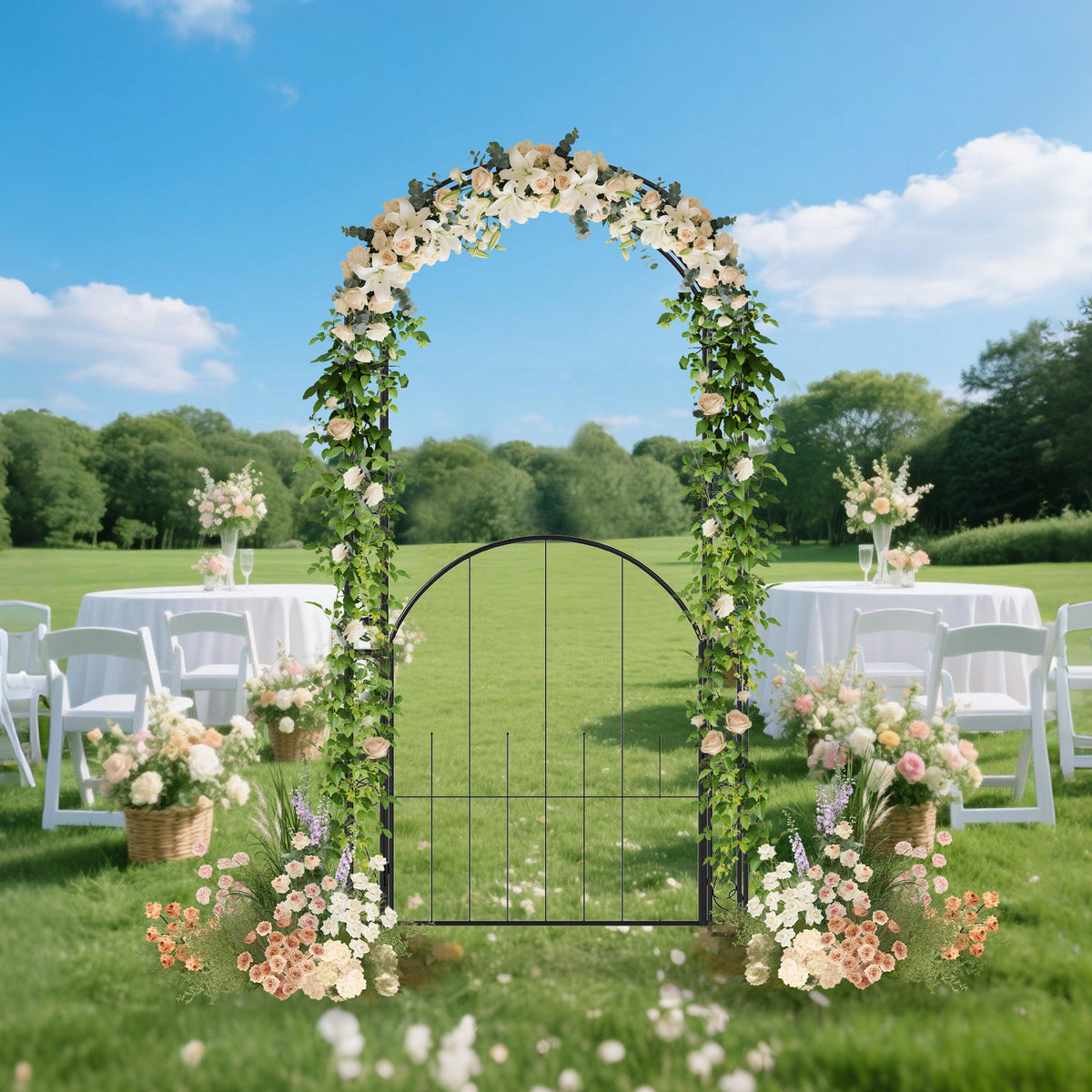 214 cm Tall Garden Arch with Gate and Climbing Trellises