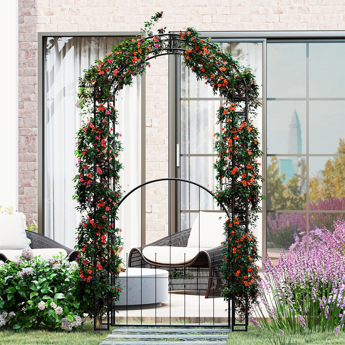 214 cm Tall Garden Arch with Gate and Climbing Trellises