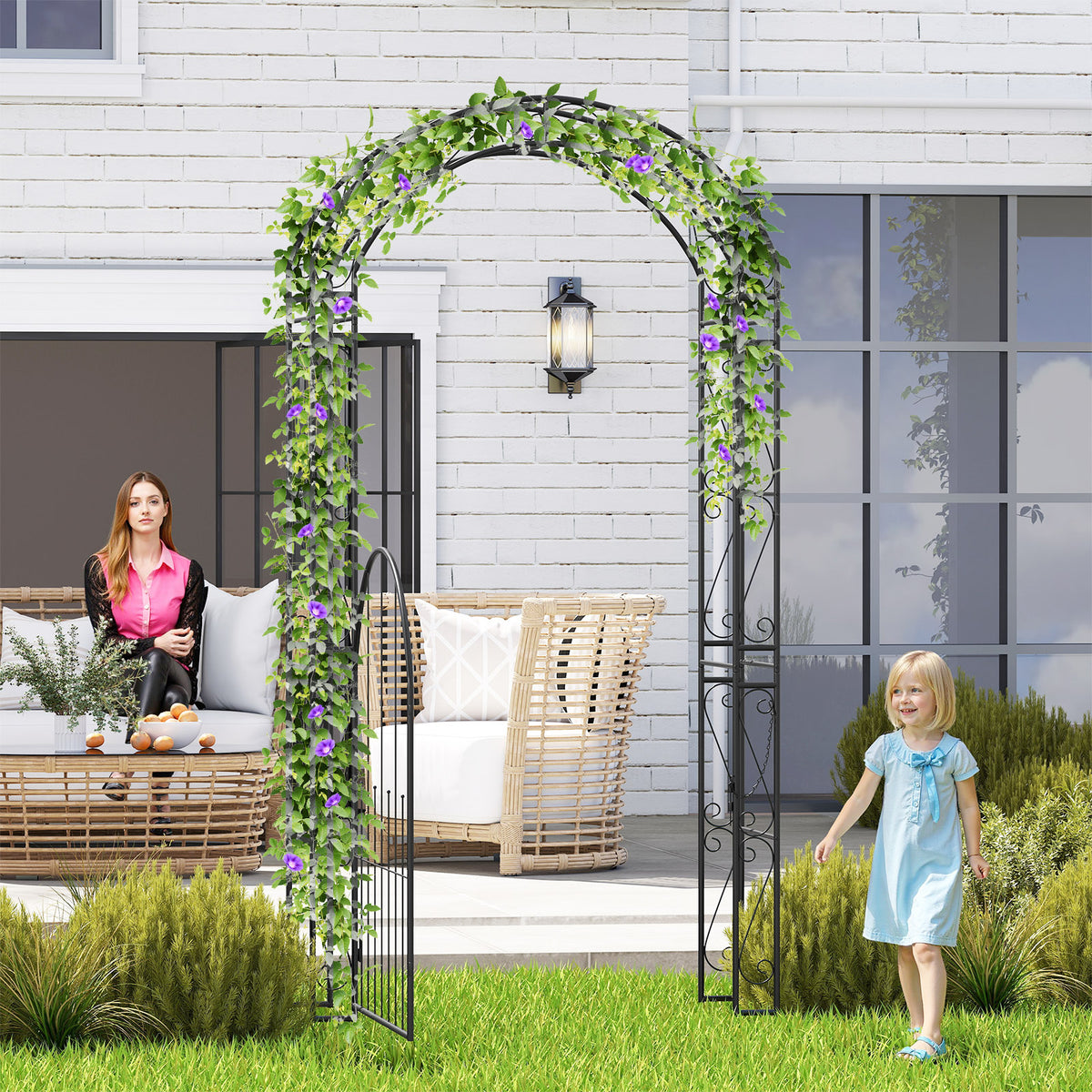 214 cm Tall Garden Arch with Gate and Climbing Trellises
