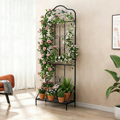Garden Trellis with Foldable Shelf and Anti-Tipping Device-Black-1 Pack