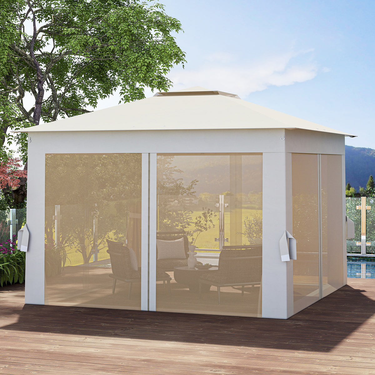 338 x 338 CM Pop Up Gazebo with Mesh Netting and Double Roof-Beige