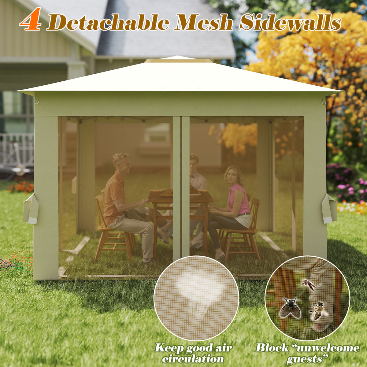338 x 338 CM Pop Up Gazebo with Mesh Netting and Double Roof-Beige