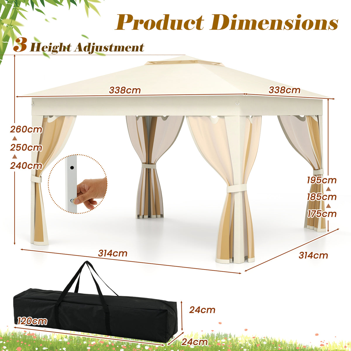 338 x 338 CM Pop Up Gazebo with Mesh Netting and Double Roof-Beige