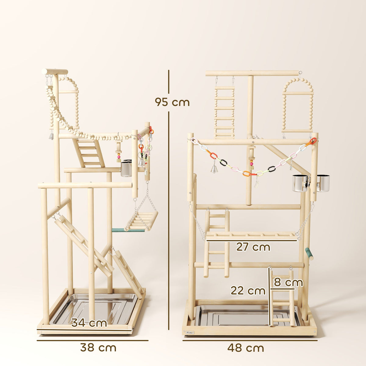 PawHut 95 cm Wooden Bird Playground with Ladders, Chain Toy, Stainless Steel Cups and Tray, Bird Cage Accessories, Natural