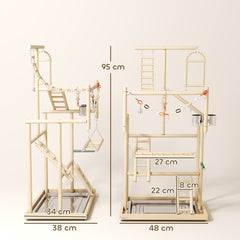 PawHut 95 cm Wooden Bird Playground with Ladders, Chain Toy, Stainless Steel Cups and Tray, Bird Cage Accessories, Natural