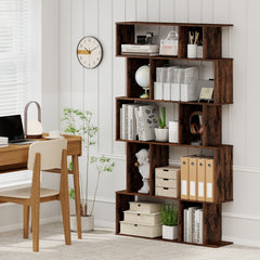 Geometric Bookshelf 5-Tier Bookcase with Open Shelves and Closed-back Cubes-Rustic Brown