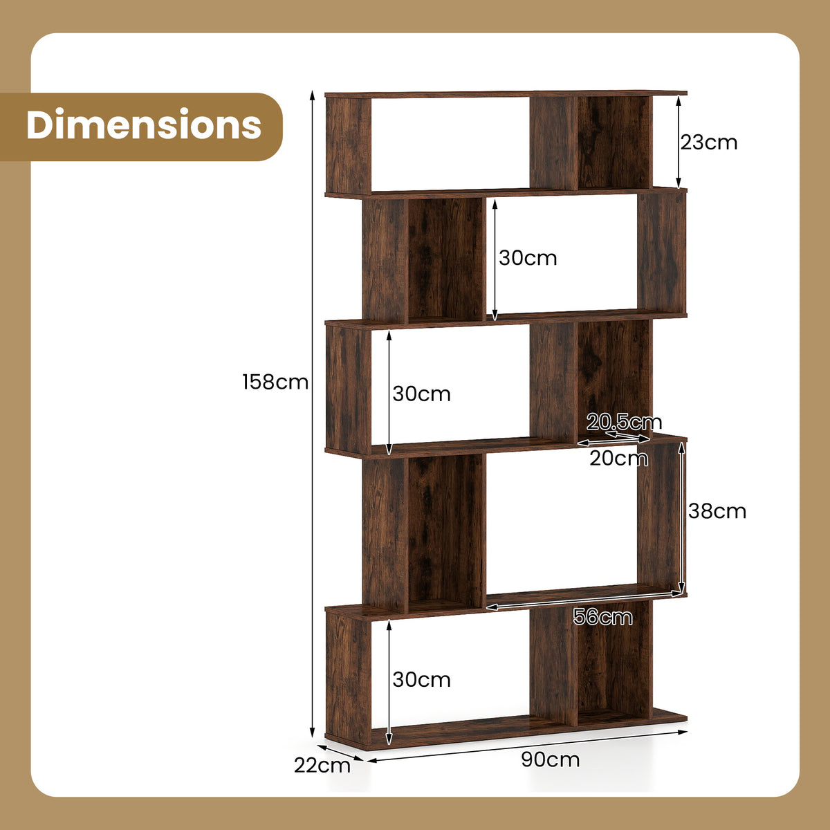 Geometric Bookshelf 5-Tier Bookcase with Open Shelves and Closed-back Cubes-Rustic Brown