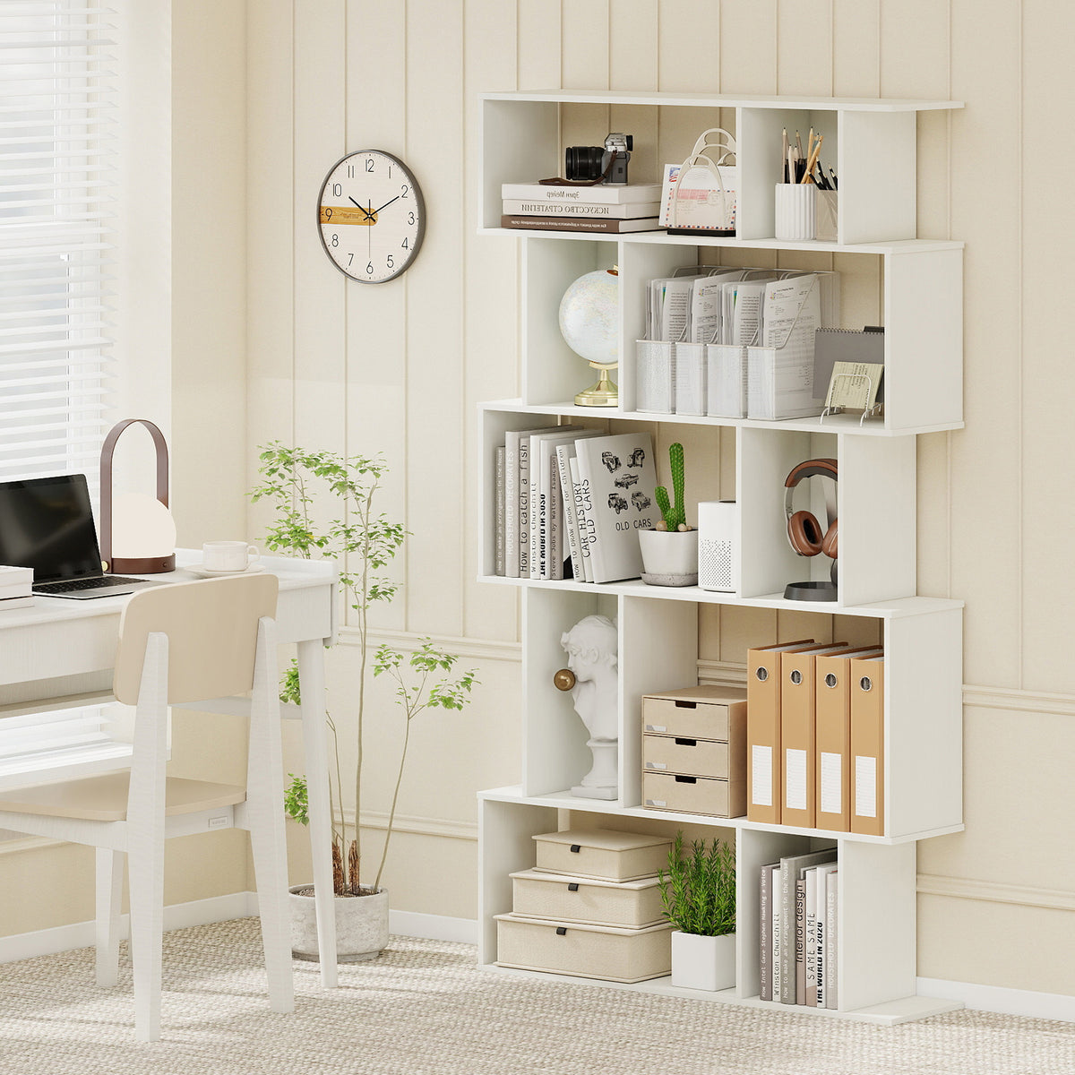 Geometric Bookshelf 5-Tier Bookcase with Open Shelves and Closed-back Cubes-White